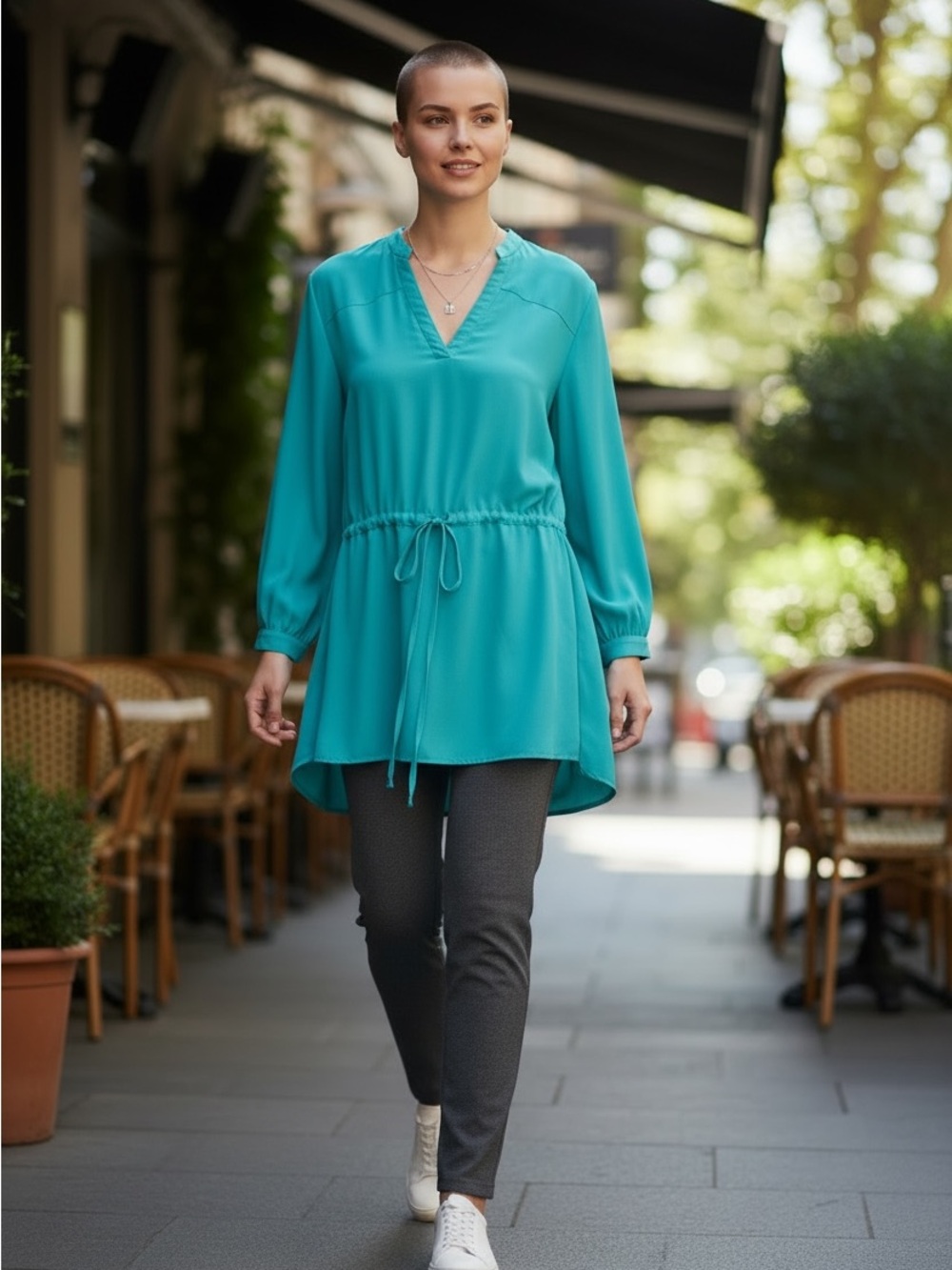 Nicki Minaj V-Neck Drawstring Tunic in Teal